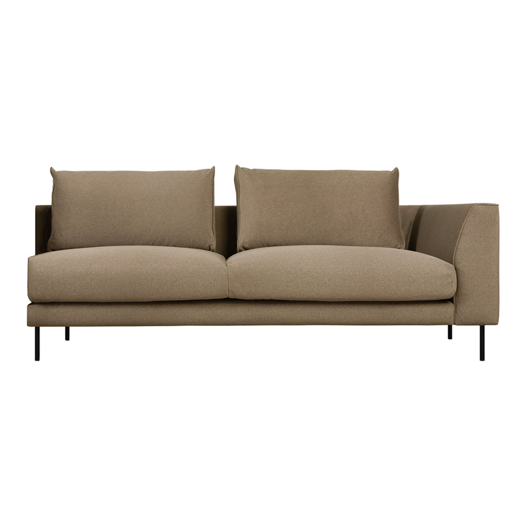 Beige fabric sofa with smooth texture, featuring two plush cushions and sleek black legs. Modern minimalist design.