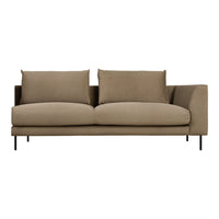 Beige fabric sofa with smooth texture, featuring two plush cushions and sleek black legs. Modern minimalist design.