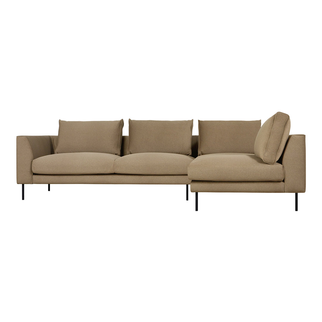Stylish beige sofa with a minimalist design and soft, textured fabric, featuring clean lines and black metal legs.
