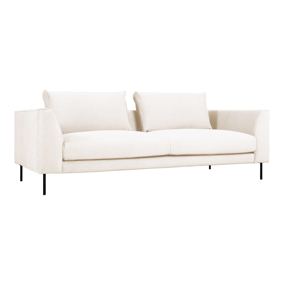 Elegant white sofa with a smooth, textured fabric and minimalist design, featuring soft, plush cushions.
