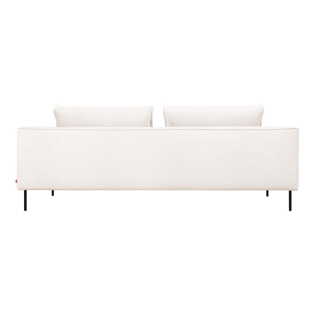 Modern minimalist white sofa with clean lines and subtle texture, featuring two plush back cushions.