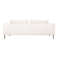 Modern minimalist white sofa with clean lines and subtle texture, featuring two plush back cushions.