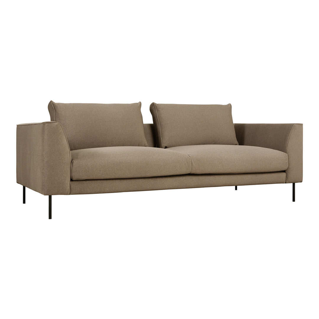 Sleek beige sofa with simple, modern lines and a smooth fabric texture, perfect for contemporary living rooms.