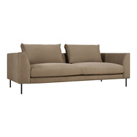 Sleek beige sofa with simple, modern lines and a smooth fabric texture, perfect for contemporary living rooms.