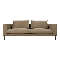 Neutral taupe sofa with a sleek, minimalist design and smooth fabric upholstery, featuring two plush back cushions.