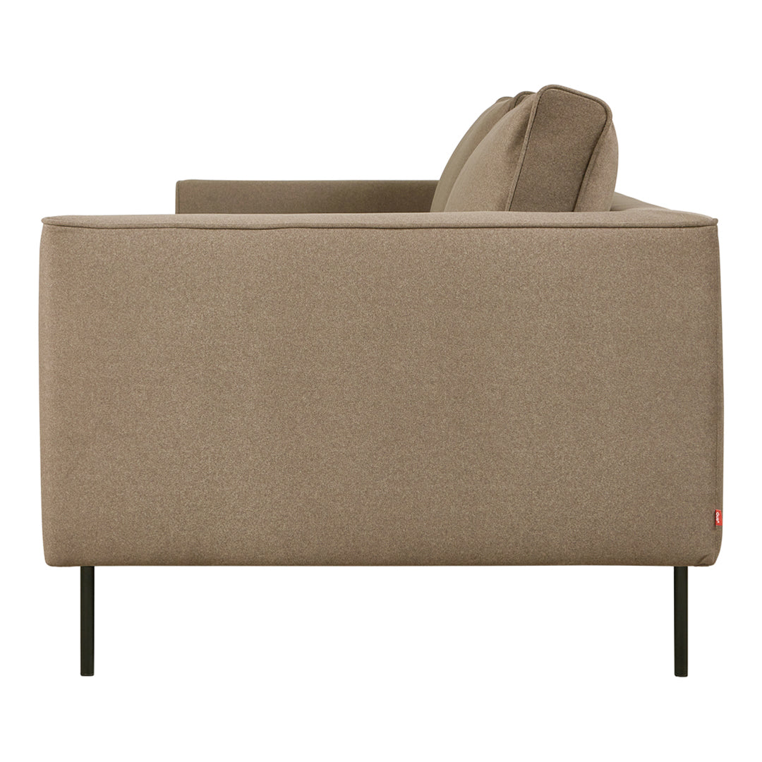 Brown fabric sofa with a smooth texture, featuring a minimalistic design and black metal legs.