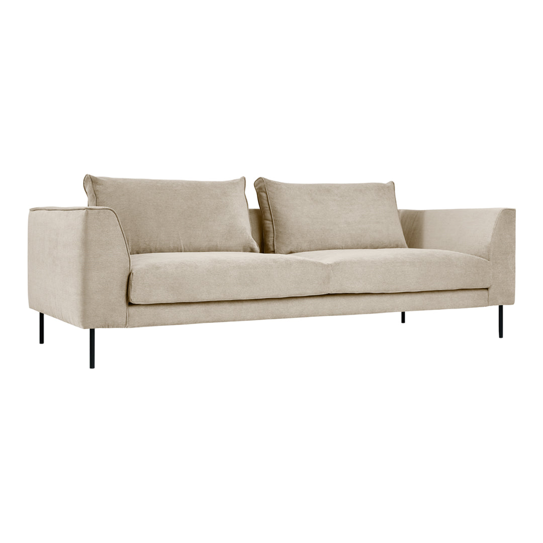 Beige textured sofa with simple, modern lines and black metal legs, perfect for contemporary living spaces.