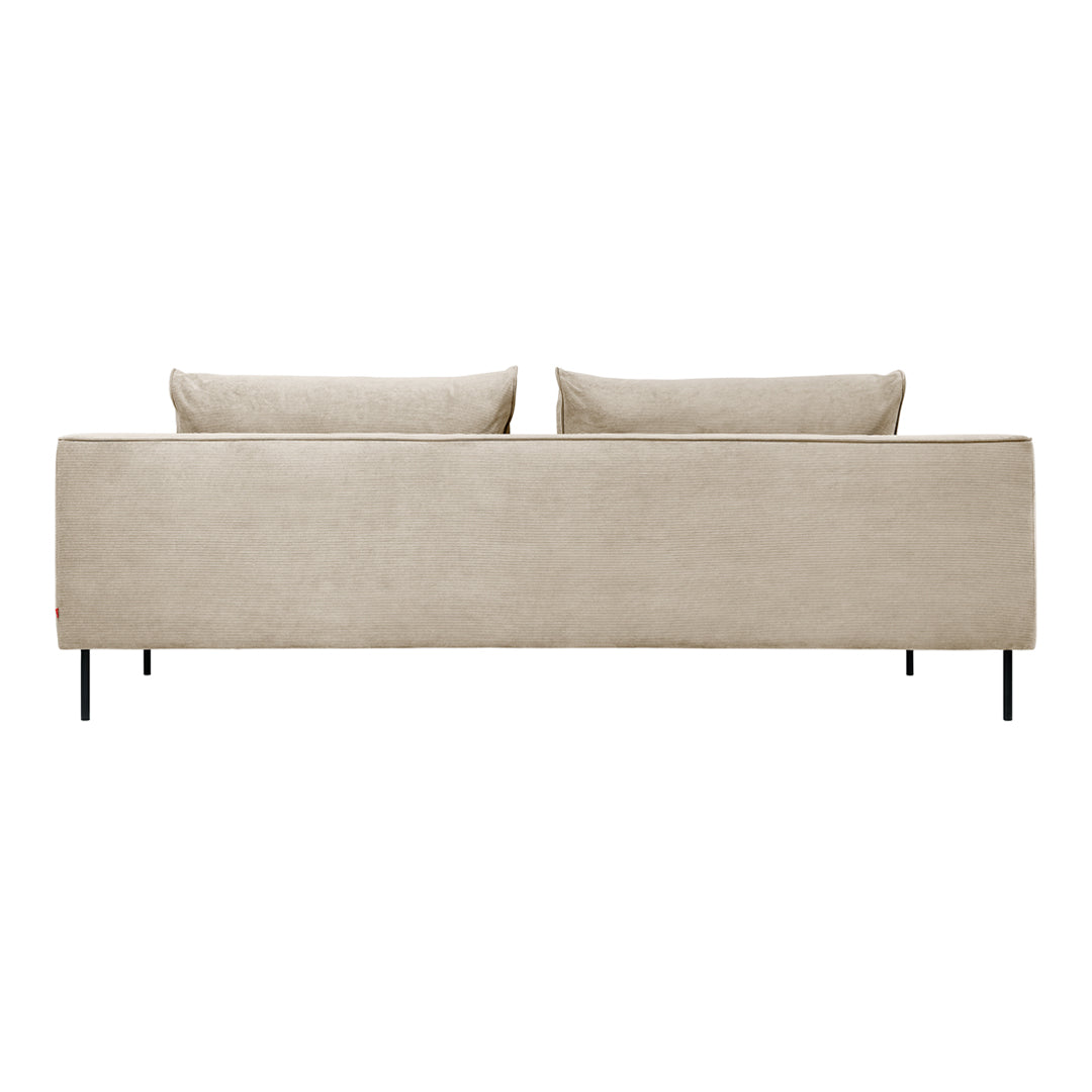 Beige upholstered sofa with a sleek design and smooth fabric, featuring two back cushions for added comfort.