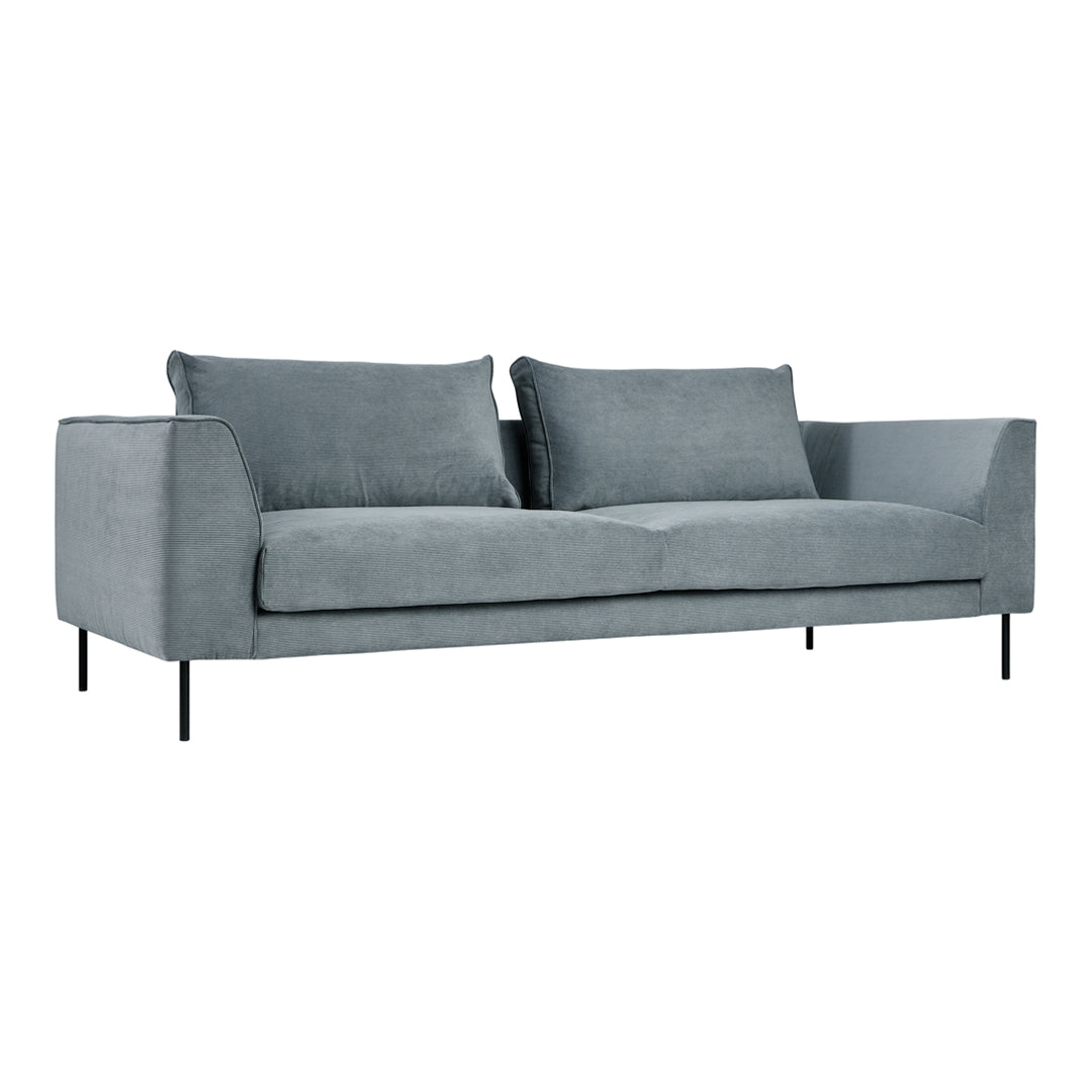 Stylish light gray fabric sofa with a minimalist design and solid black metal legs. Ideal for modern interiors.