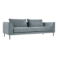 Stylish light gray fabric sofa with a minimalist design and solid black metal legs. Ideal for modern interiors.