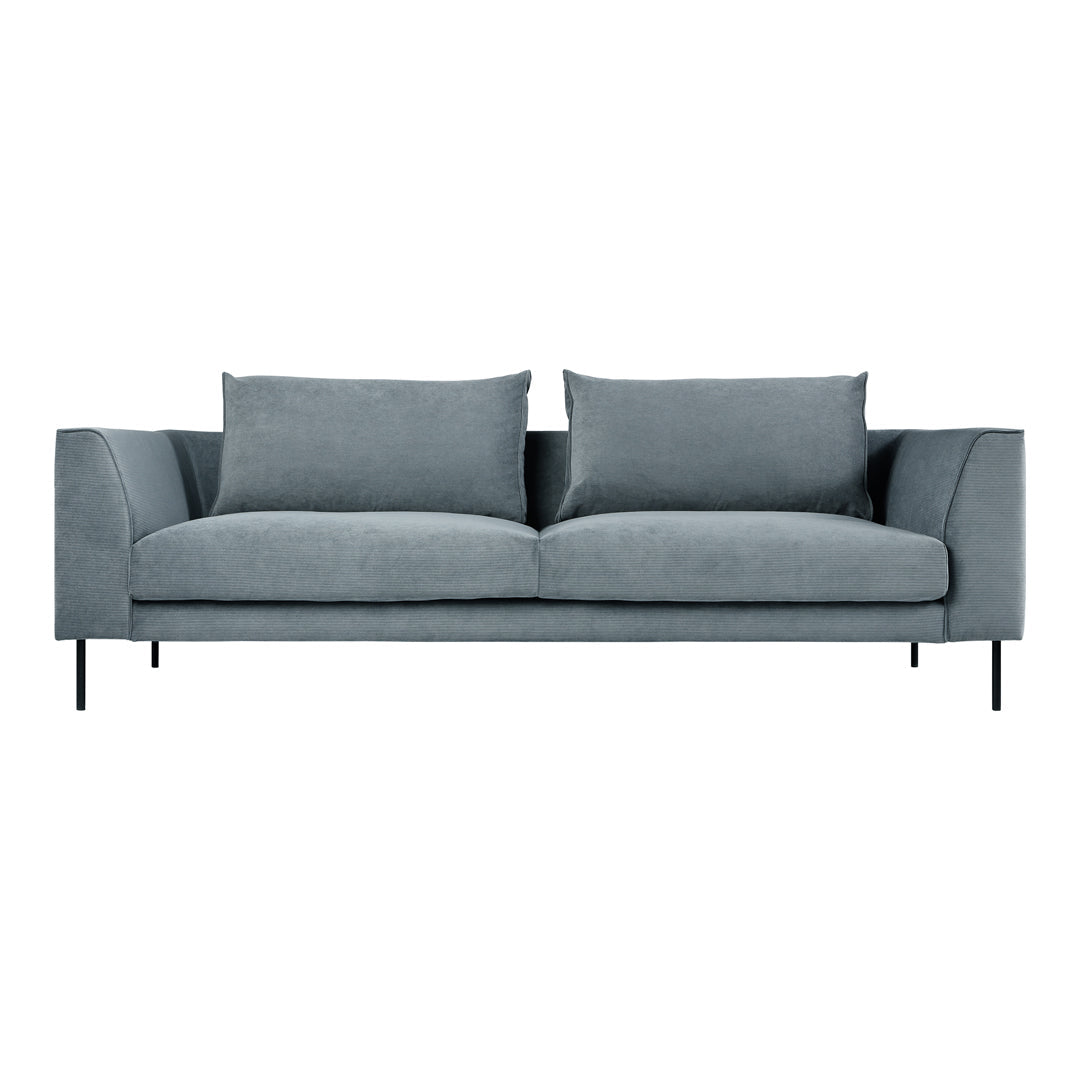 Light blue modern sofa with clean lines and soft textured fabric, featuring a minimalist design and plush cushions.