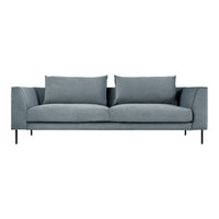 Light blue modern sofa with clean lines and soft textured fabric, featuring a minimalist design and plush cushions.