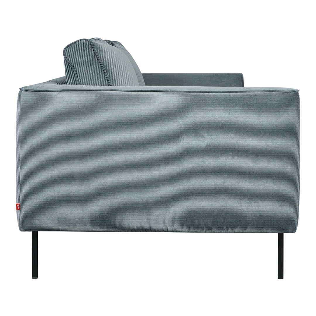 Soft gray fabric sofa with sleek black metal legs, featuring a modern, minimalist design.