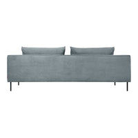 Soft blue velvet sofa with smooth, solid pattern and two matching cushions; sleek black metal legs.