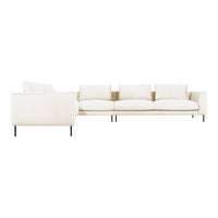 Modern, cream-colored sectional sofa with clean lines and plush cushions, featuring a minimalist design on metal legs.