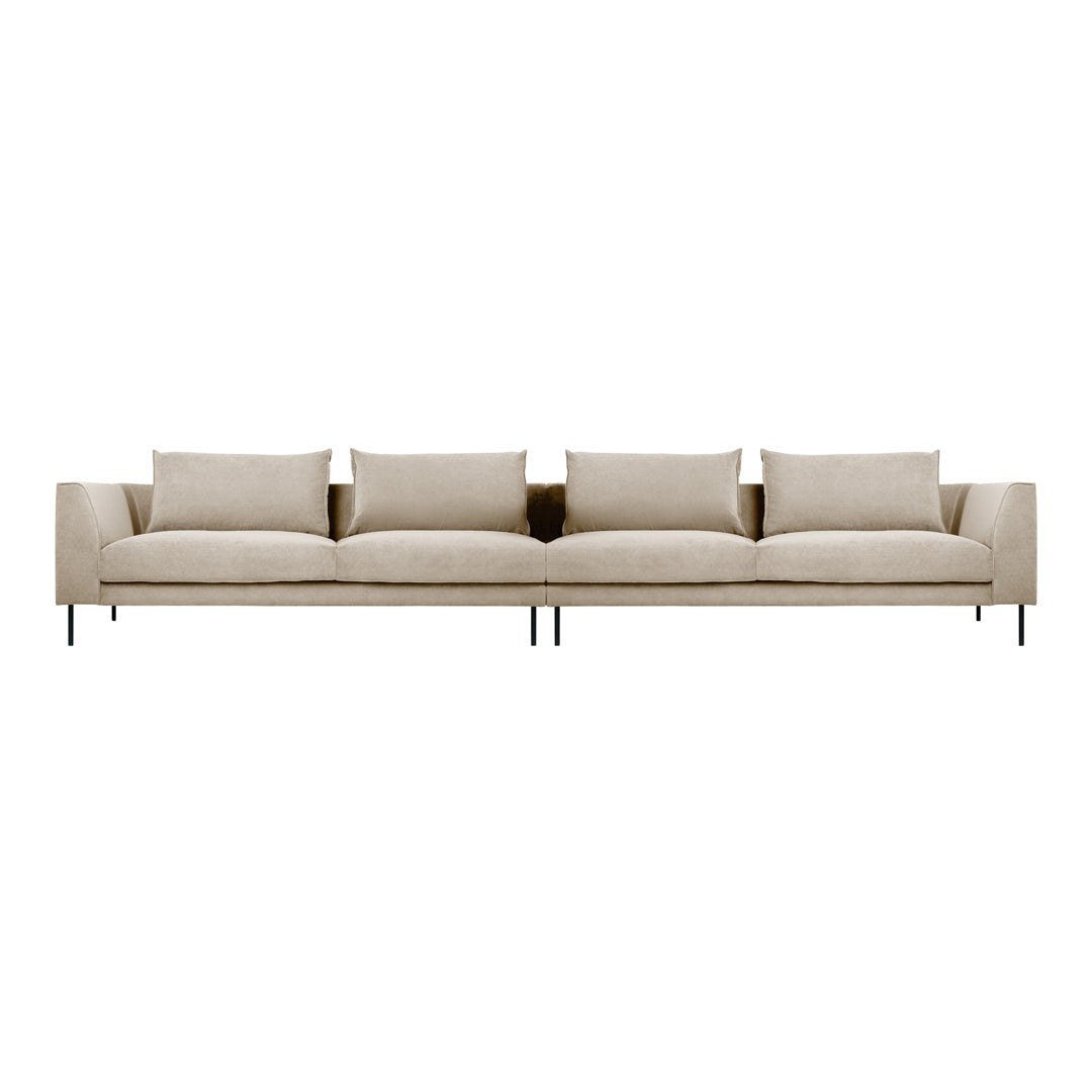 Beige mid-century modern sofa with four cushions and sleek metallic legs, featuring a minimalist design.
