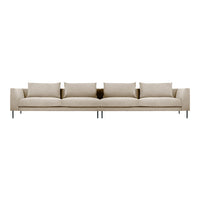 Beige mid-century modern sofa with four cushions and sleek metallic legs, featuring a minimalist design.