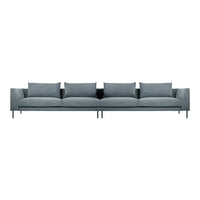Long grey sofa with plush cushions and sleek black legs, featuring a minimalist design and solid color pattern.