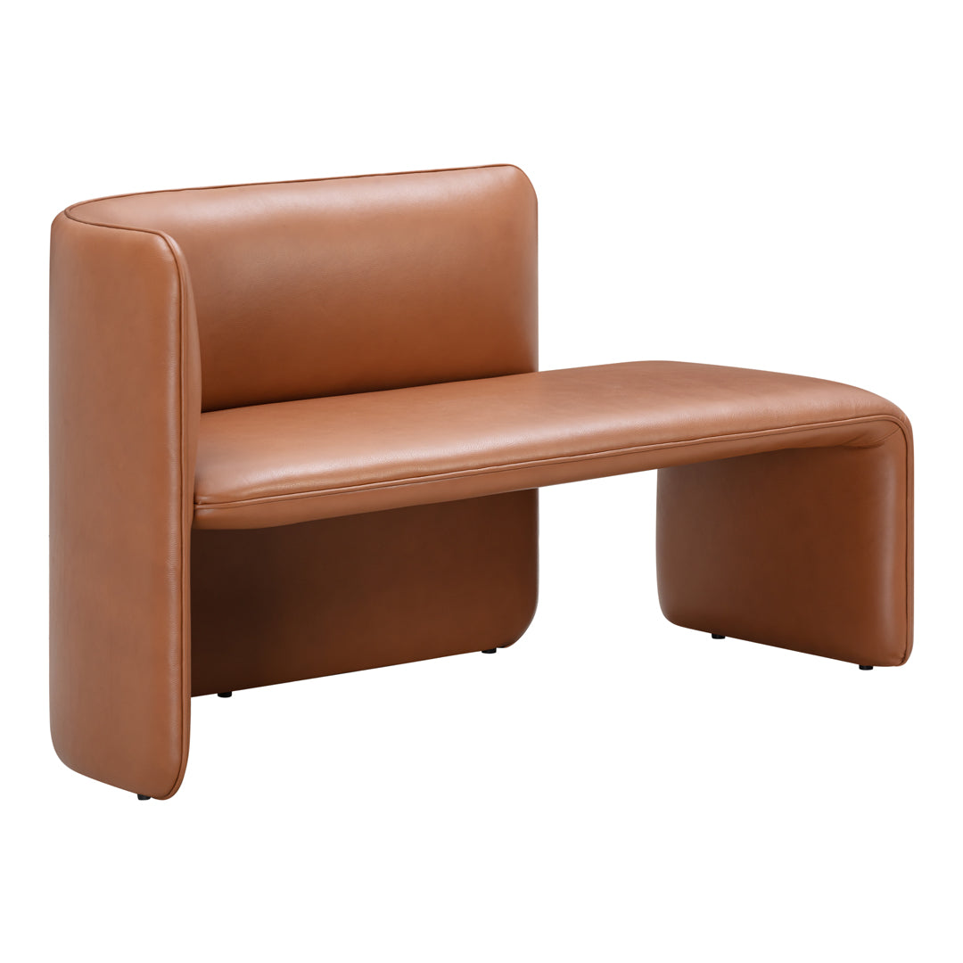 Stylish brown leather bench with smooth, minimalist design and rounded edges, perfect for modern decor.