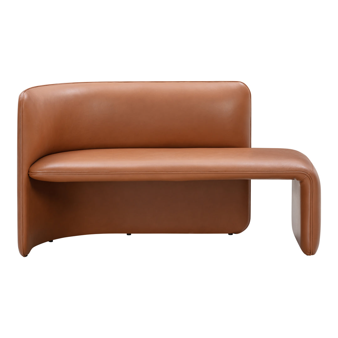 Brown leather curved sofa with a minimalist design and smooth surface. Perfect for modern interiors.