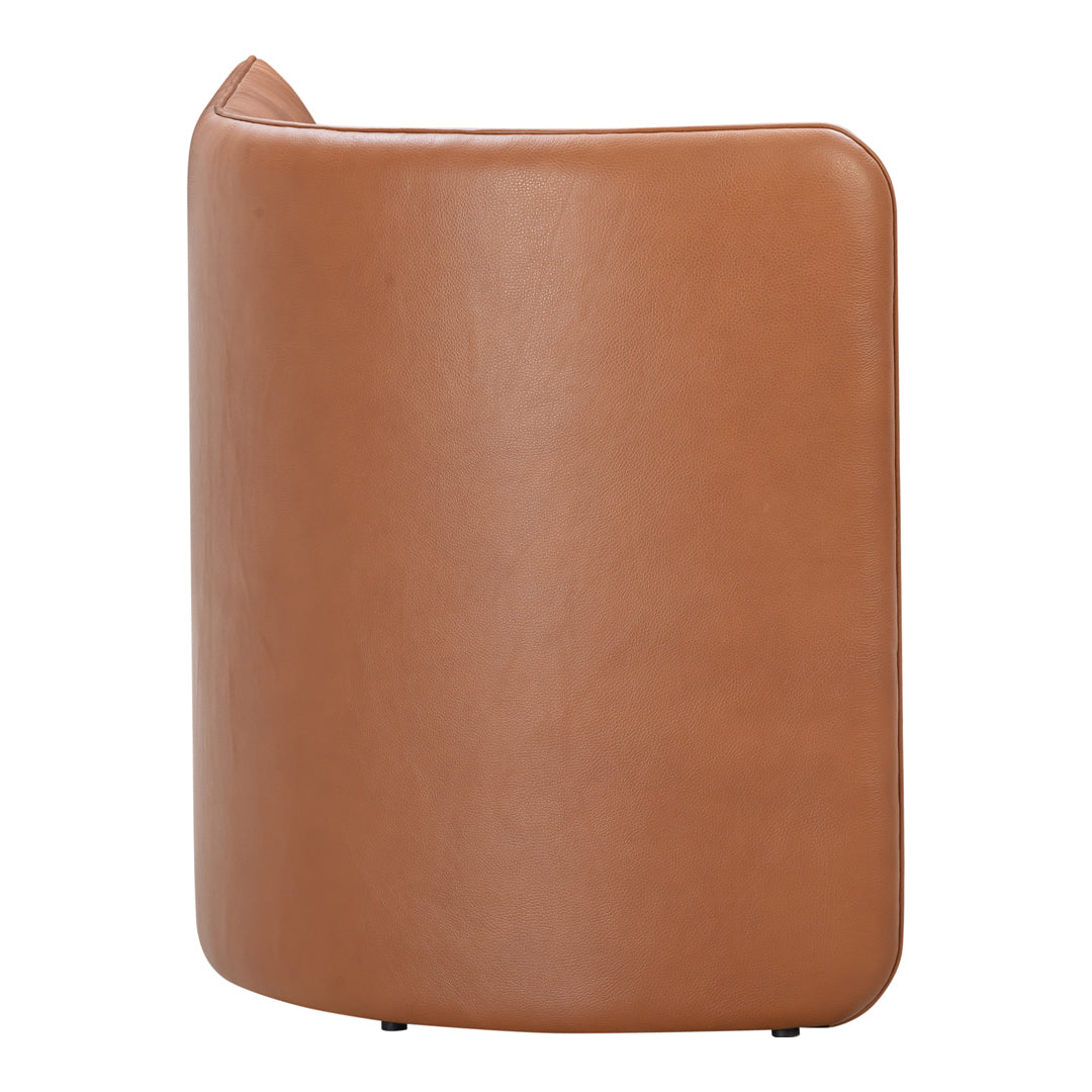 Tan leather curved chair with a smooth, minimalist design and subtle sheen. Ideal for modern decor.