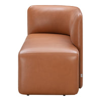 Brown leather chaise lounge with a sleek, minimalist design and smooth, curved edges. Ideal for modern interiors.