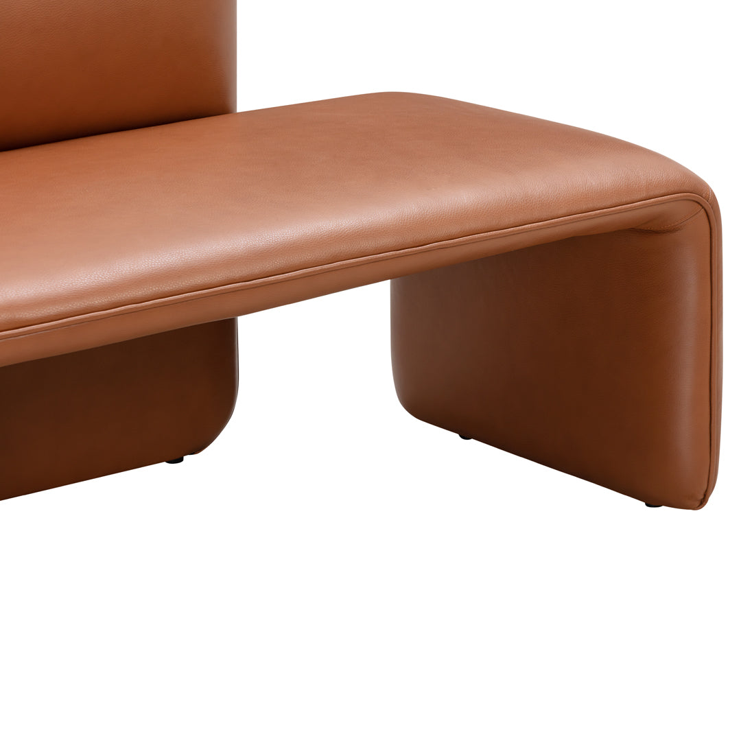Brown leather bench with smooth, modern lines and minimalist design. Perfect for contemporary interiors.