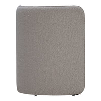 Soft gray fabric ottoman with a textured surface and rounded edges, perfect for modern decor.