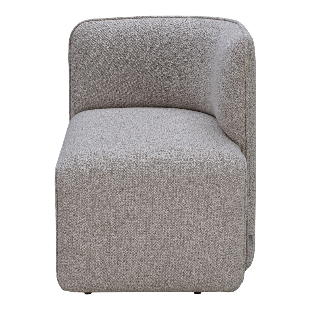 Light gray upholstered accent chair with textured pattern and soft, modern curves. Ideal for contemporary spaces.