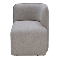 Light gray upholstered accent chair with textured pattern and soft, modern curves. Ideal for contemporary spaces.