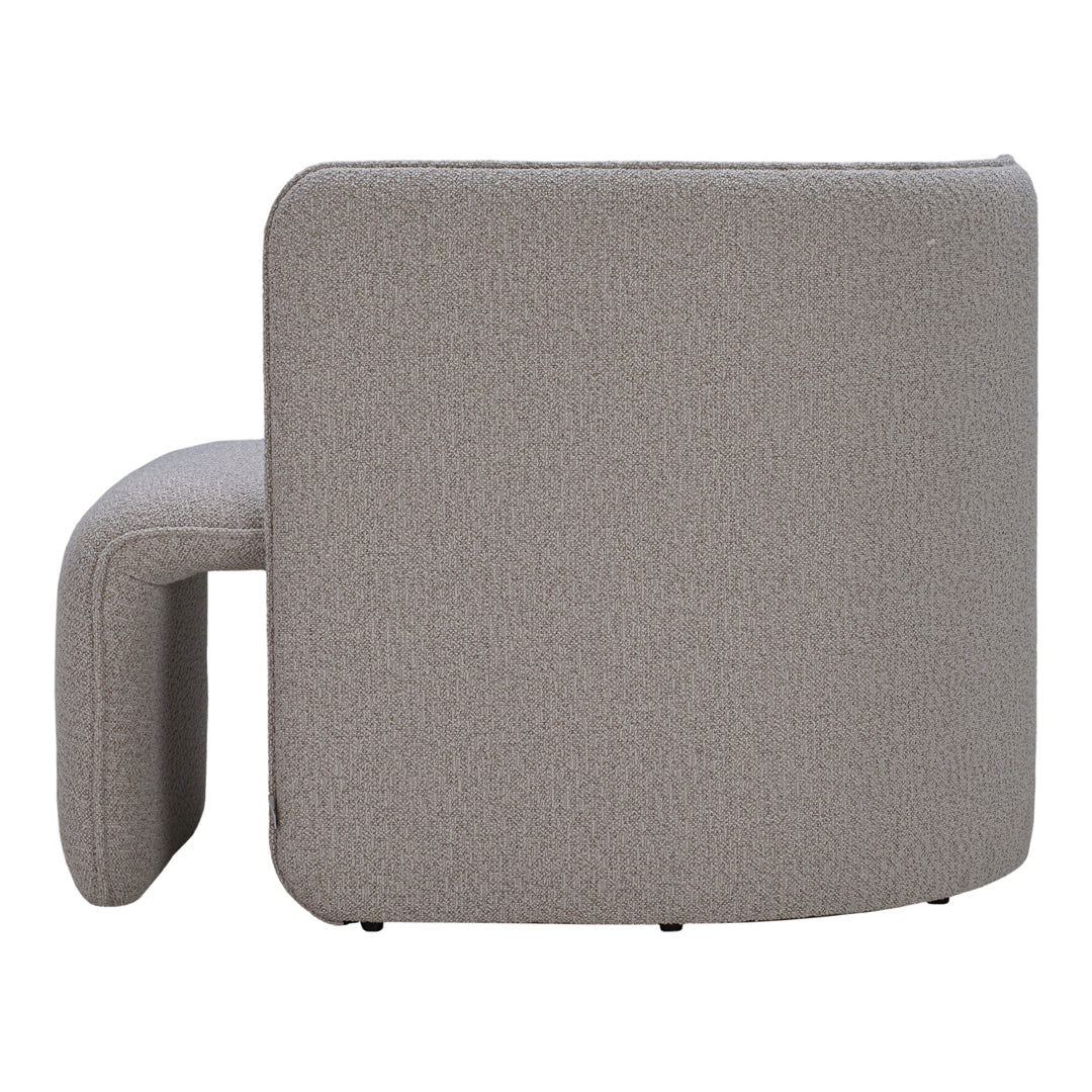Soft gray upholstered accent chair with a textured finish and modern curved design.