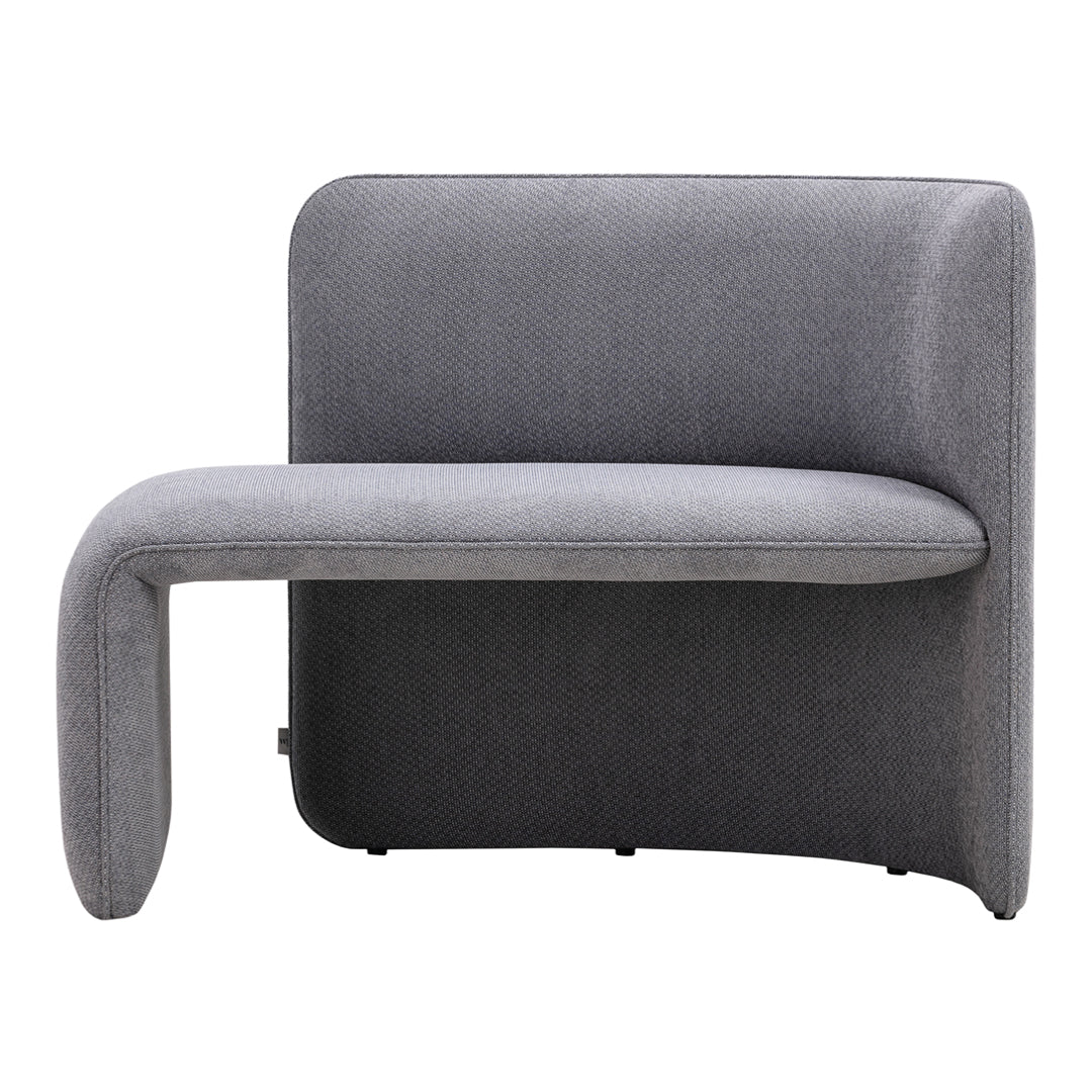 Stylish modern chair in soft gray fabric with a curved design for a contemporary look.