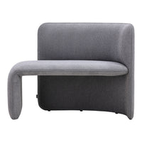 Stylish modern chair in soft gray fabric with a curved design for a contemporary look.