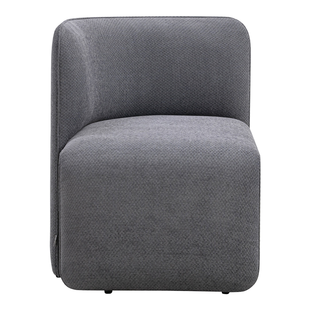 Modern gray upholstered accent chair with a smooth, minimalist design and rounded edges. Ideal for contemporary decor.