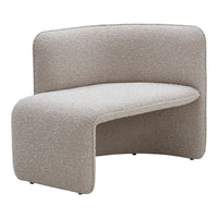 Beige boucle upholstered chair with a modern, curved design and textured finish, perfect for contemporary decor.