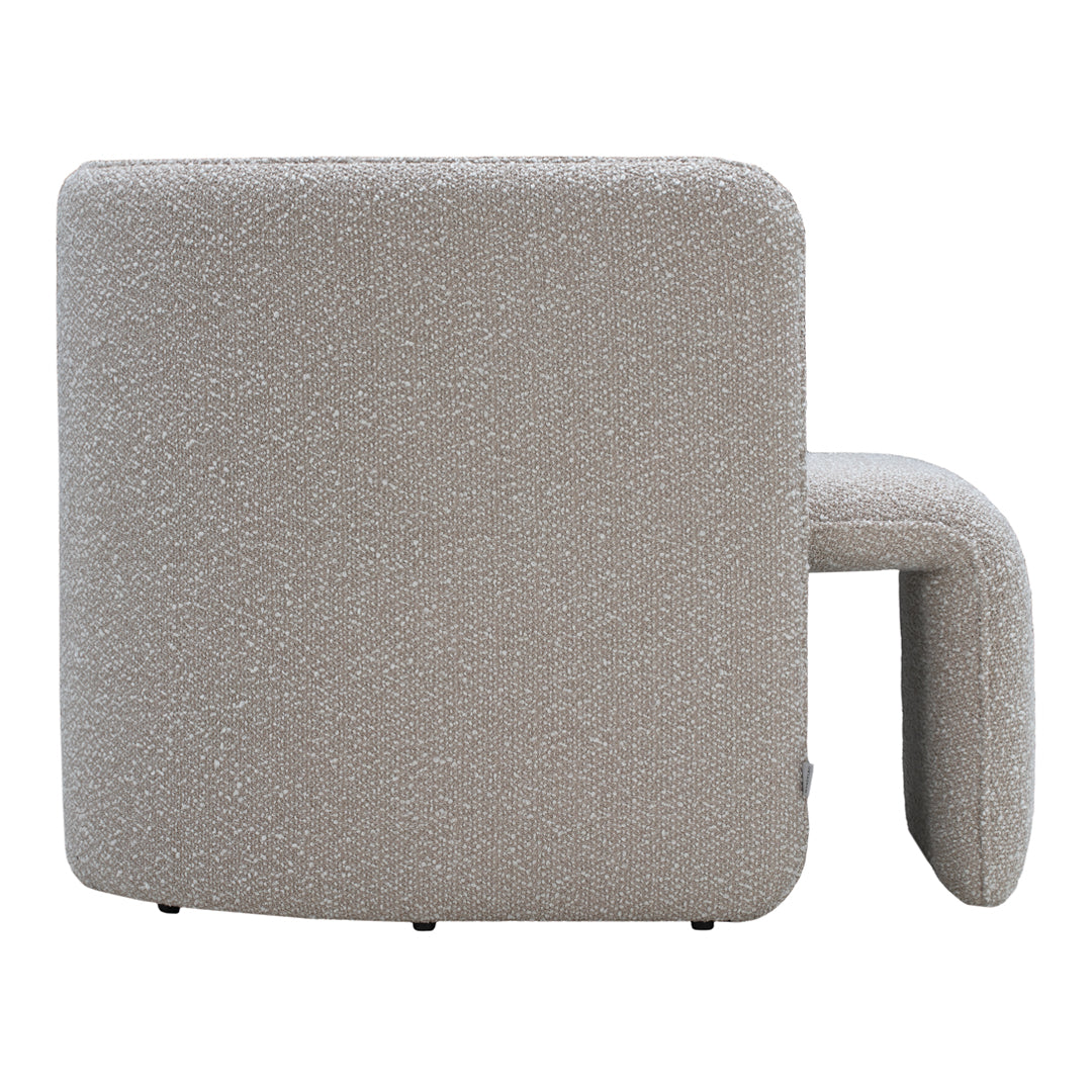 Beige textured chair with a modern geometric pattern, featuring a unique curved arm for added style.