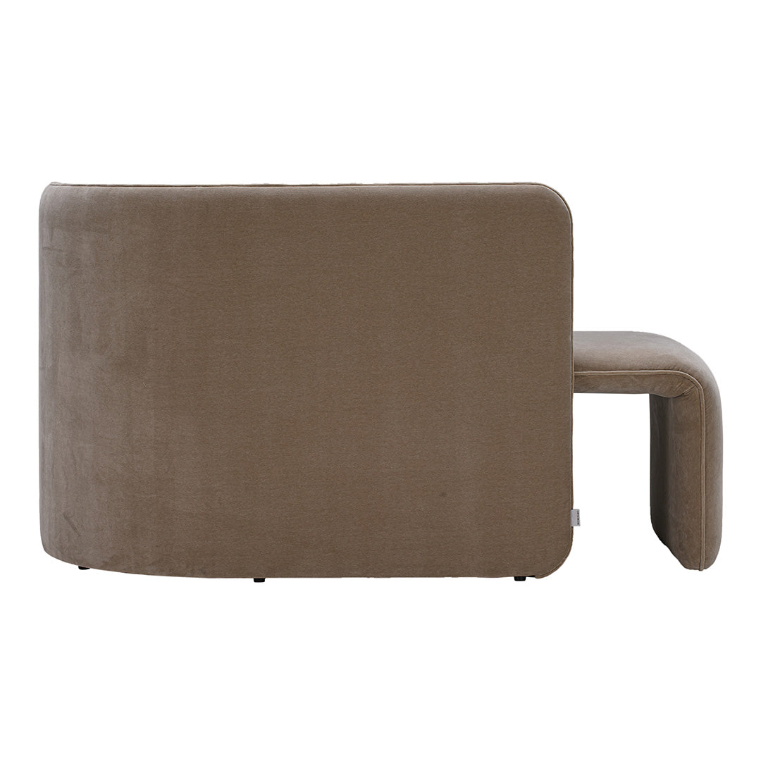 Brown velvet lounge chair with a smooth, minimalist design and curved edges, perfect for modern decor.