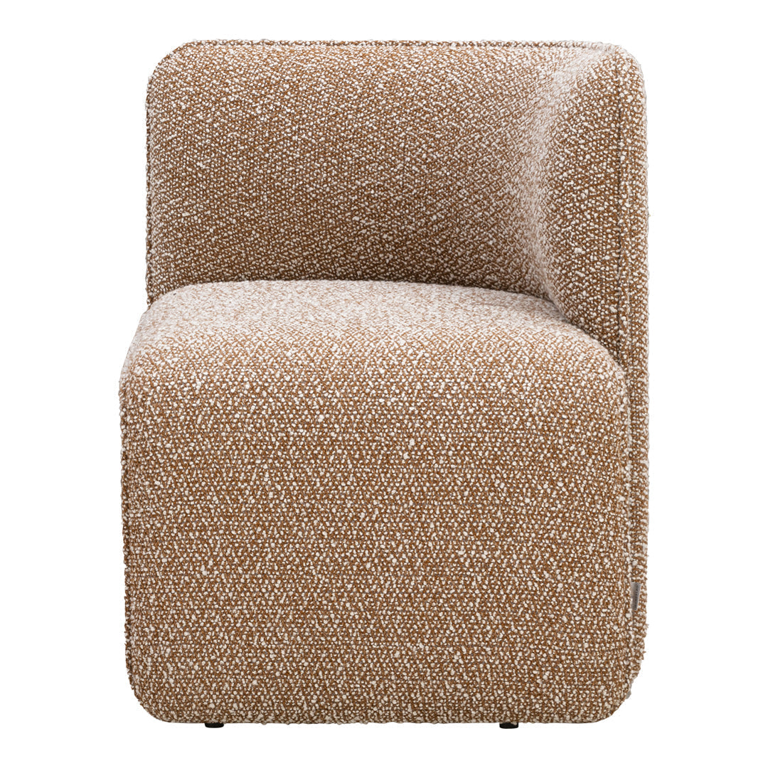 Textured beige fabric accent chair with a modern, minimalist design and rounded edges. Ideal for contemporary decor.