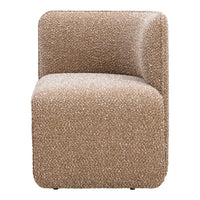 Textured beige fabric accent chair with a modern, minimalist design and rounded edges. Ideal for contemporary decor.