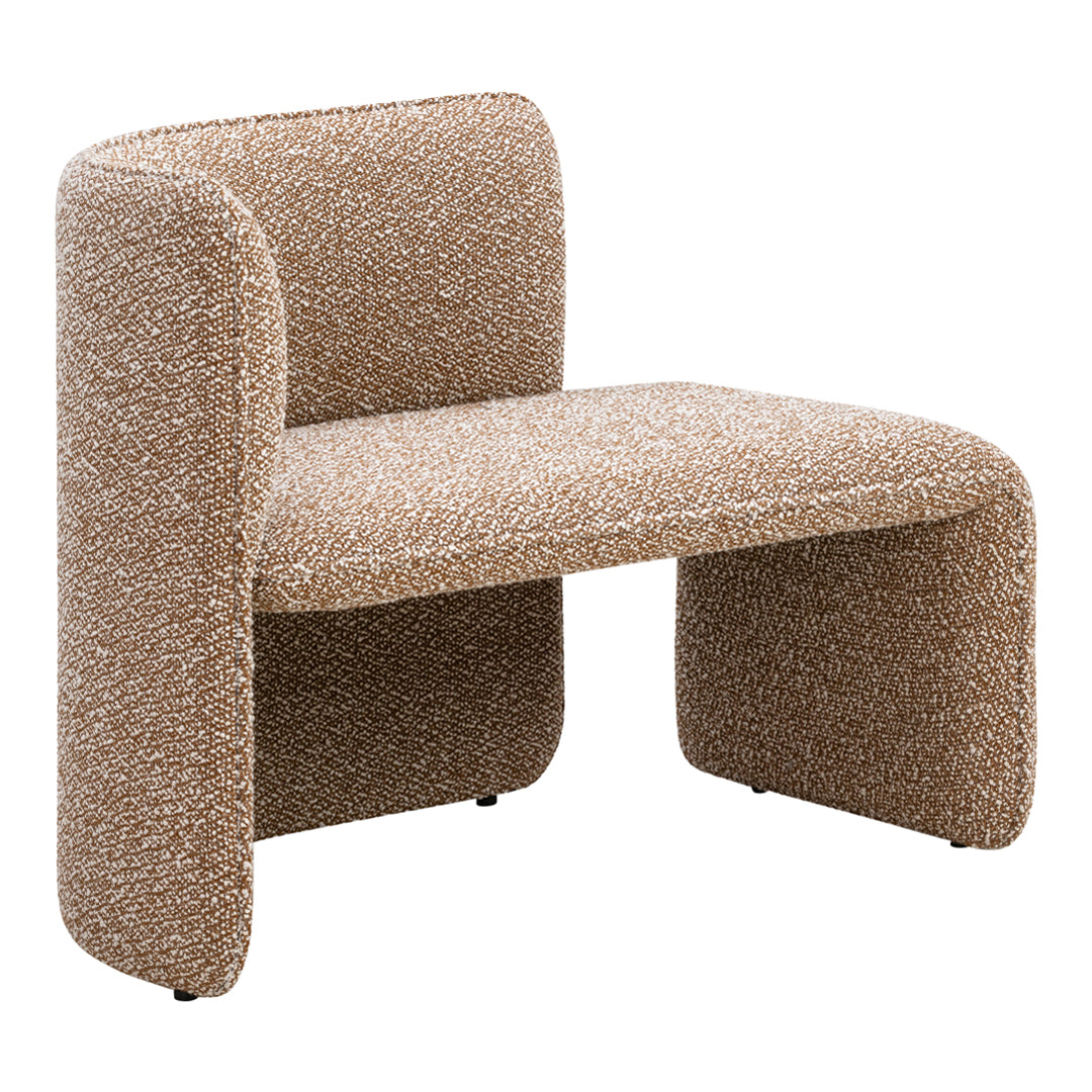 Textured beige upholstery with subtle speckles, showcasing a modern, minimalist design in a unique chair shape.