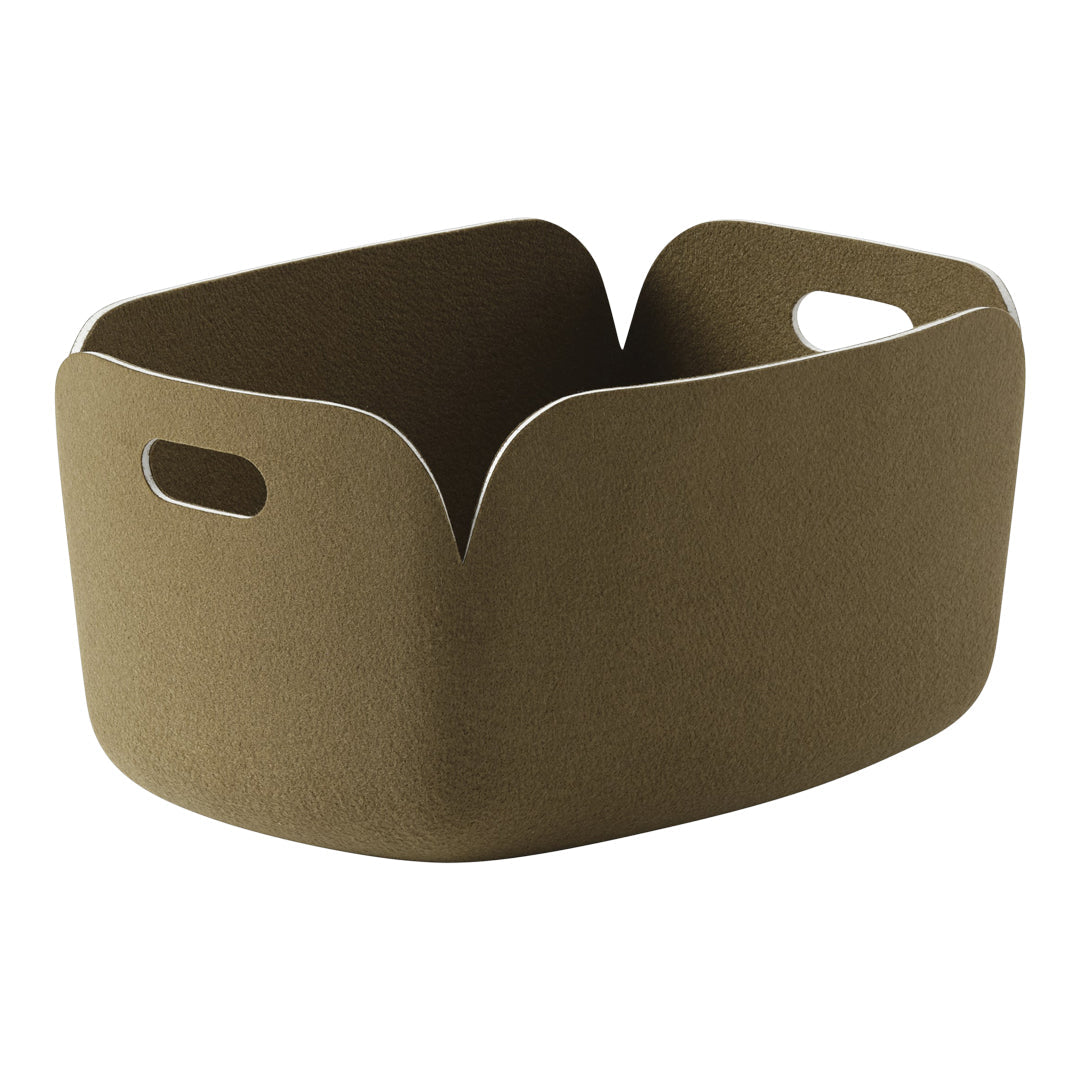 Olive green storage basket with a smooth, felt texture and modern design. Ideal for home organization.