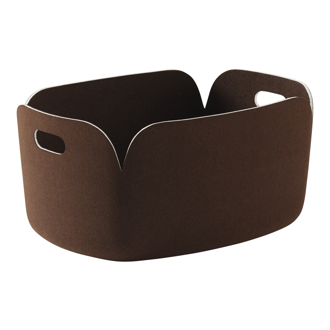Brown felt storage basket with sleek white trim, featuring a minimalist, modern design. Perfect for organizing your space.
