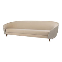 Beige curved sofa with a smooth finish and tapered wooden legs, perfect for modern living spaces.