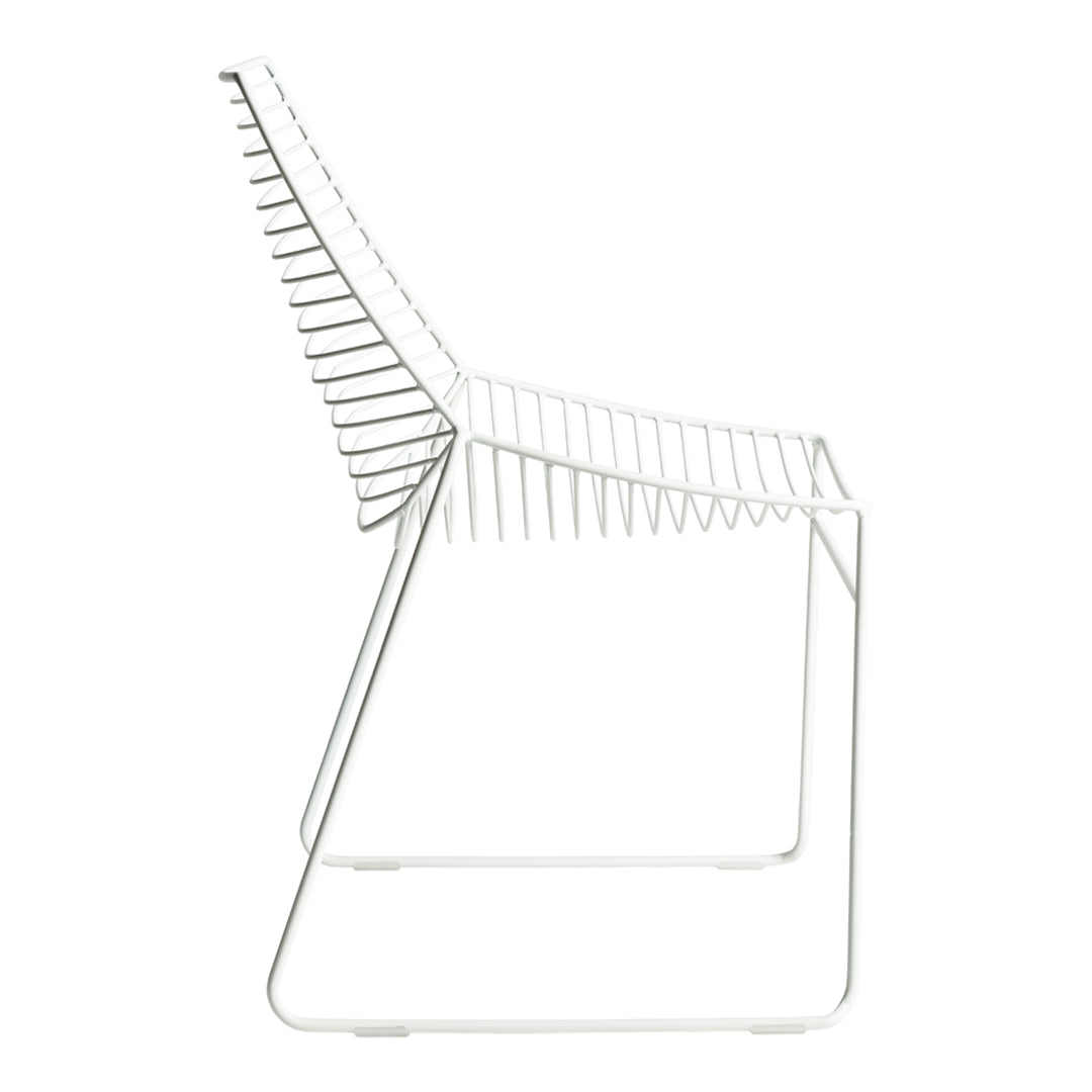 White wire chair with a sleek design, featuring a minimalist geometric pattern and open slats. Ideal for modern decor.