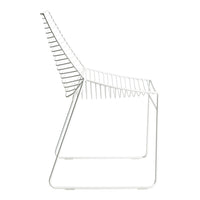 White wire chair with a sleek design, featuring a minimalist geometric pattern and open slats. Ideal for modern decor.