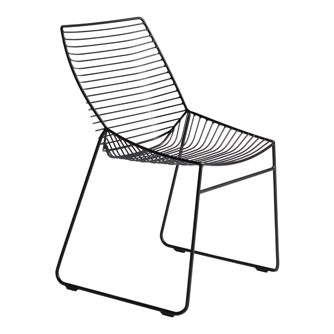 Black wire chair with sleek, modern design featuring horizontal lines for a contemporary look.