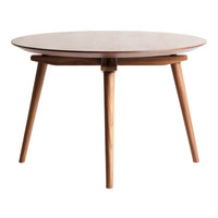 Round wooden table with a light brown top and natural wood legs, featuring a smooth, minimalist design.