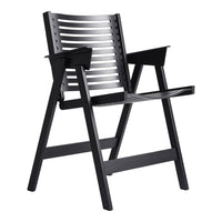 Black slatted chair with a minimalist design and modern lines, ideal for stylish outdoor or indoor settings.
