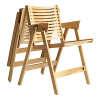 Natural wooden folding chair with slatted back and seat, showcasing warm beige tones and simple, modern design.
