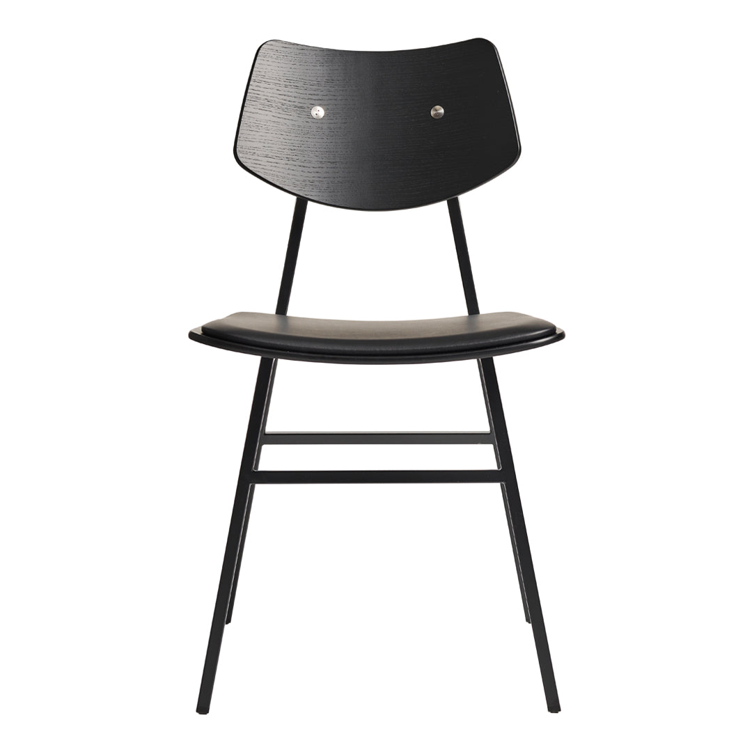 Black minimalist chair with a smooth wooden seat and back, featuring a sleek, modern design and simple lines.